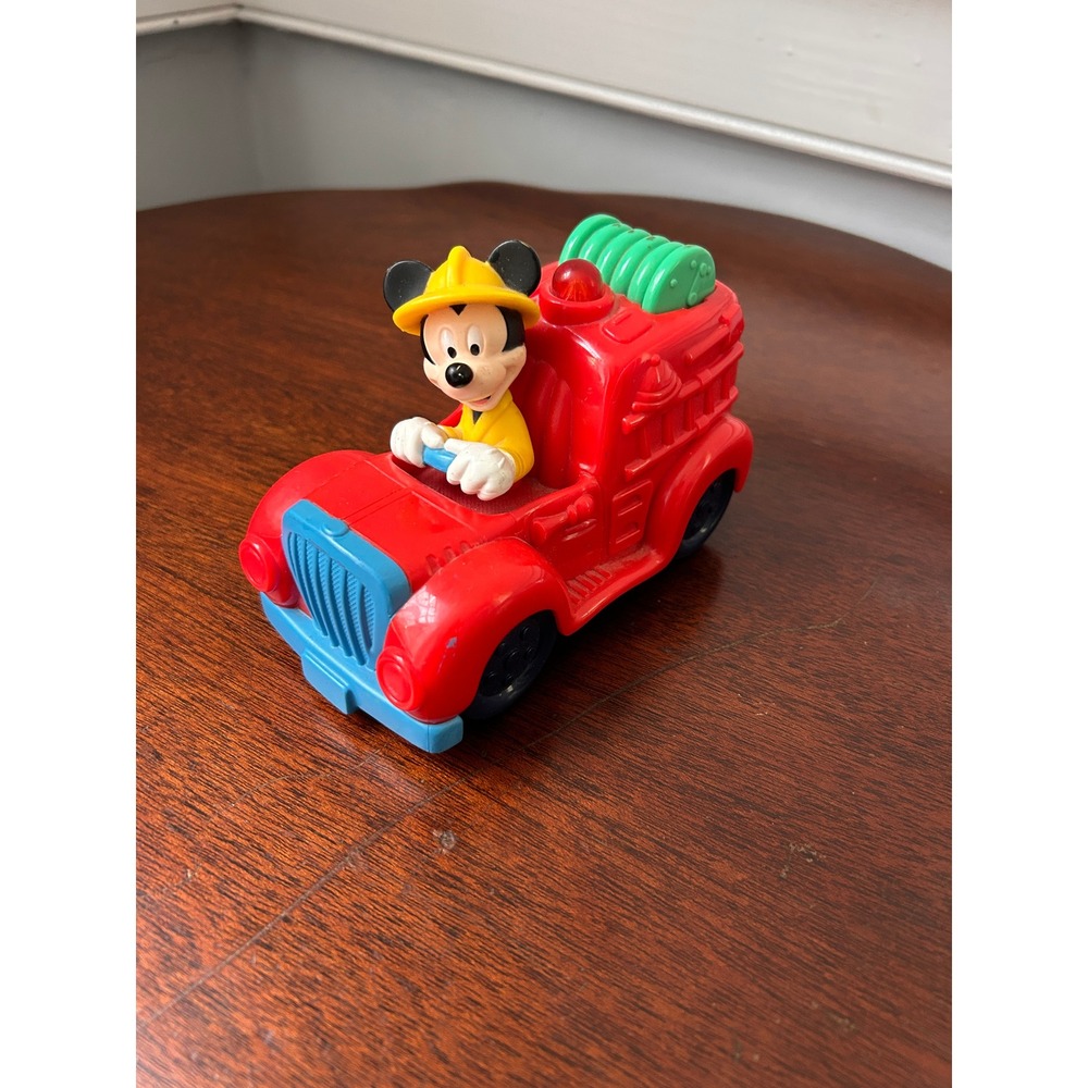 Vintage Disney Mickey Mouse Fire Truck Red Plastic Toy Vehicle Fireman Mickey